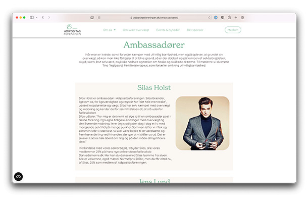 Billede af webside til Adipositasforeningen der viser sponsorer. Websiden er produceret af Bocca.